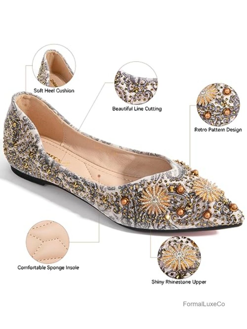 Women's Rhinestone Pointed Toe Flats Comfort Low Wedge Dressy Flats Lightweight - Picture 2 of 6